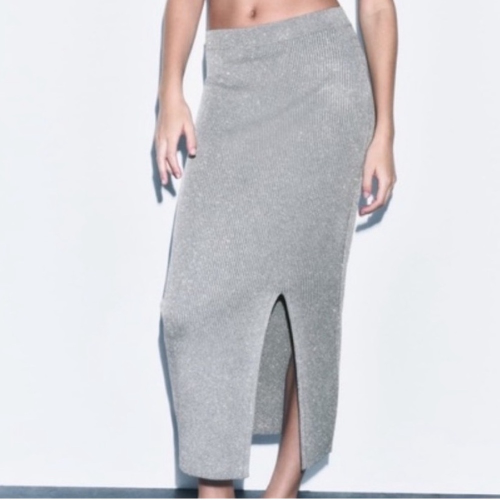 Zara Silver Metallic Thread Ribbed Stretch Midi Pencil Skirt Size XS